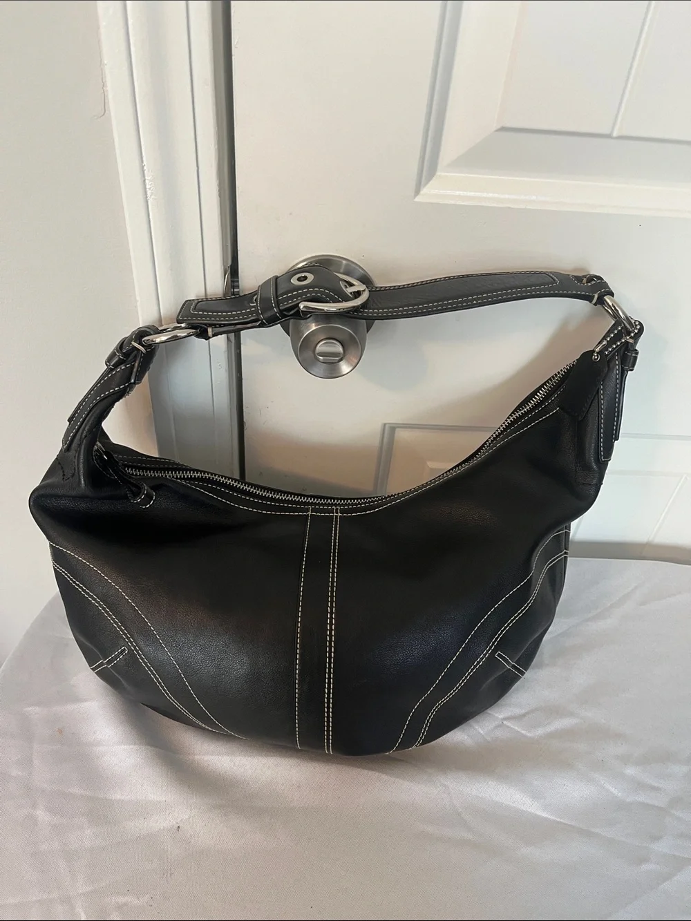 Coach Black Leather Hobo with White Contrast Stitching